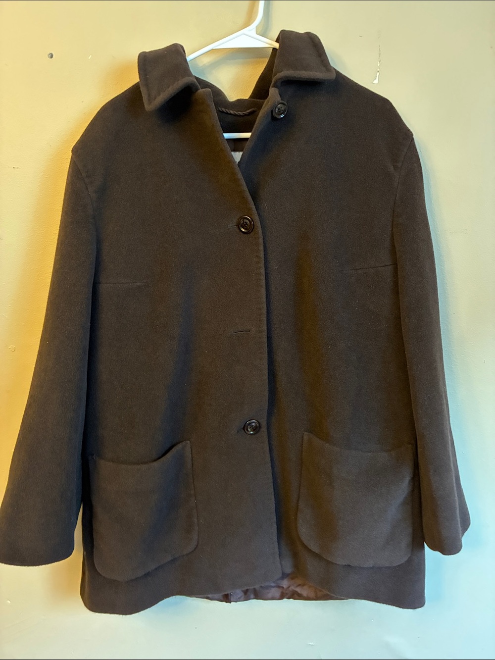 Women's Dark Brown Wool Pea Coat with Front Patch Pockets